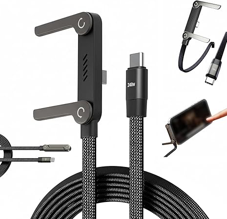 Phone Stand Type C Cable, 2-in-1 Foldable Invisible Charger with 240W Fast Charging, 1.5m Braided USB-C Cable for Smartphones, Tablets and Built-in Battery Devices